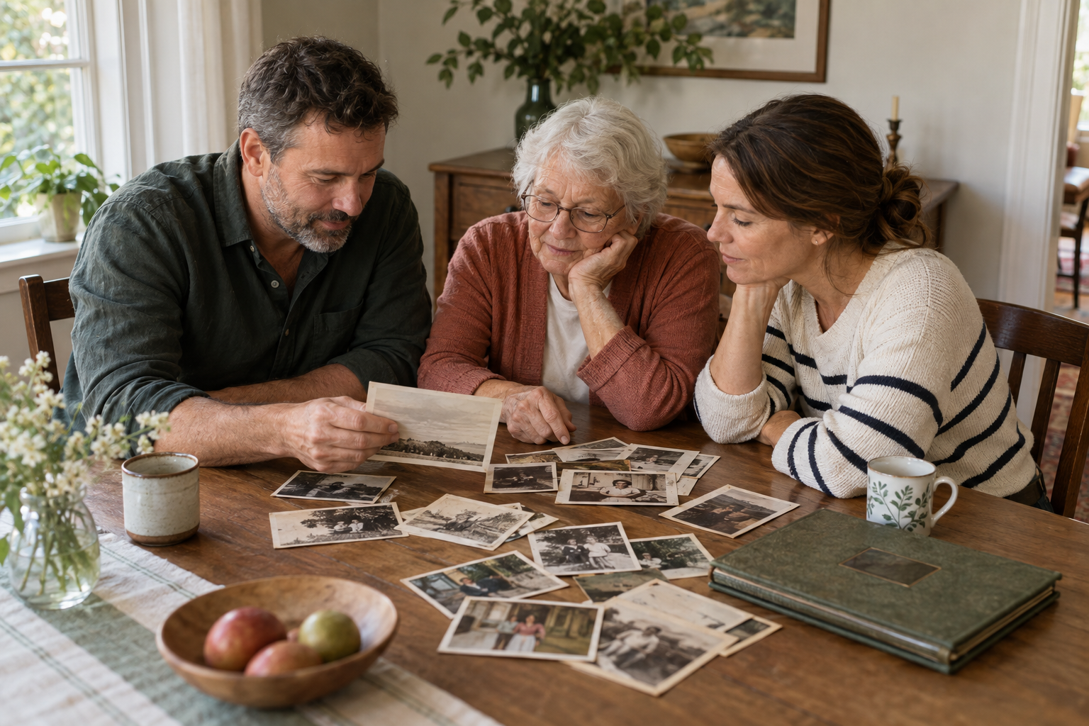 Three family members looking through printed photographs together at a dining table.