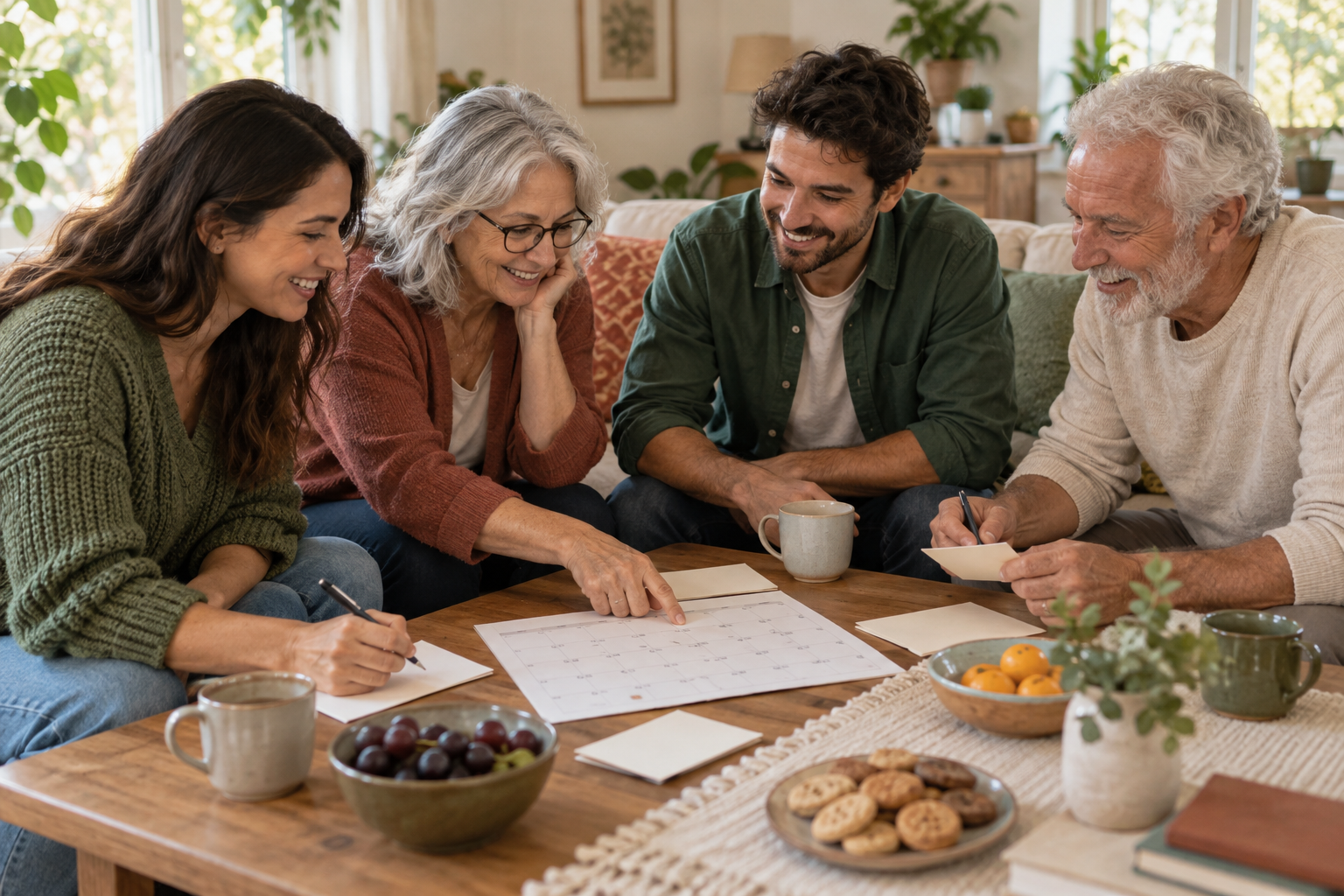Four people gathered around a table planning dates on a paper calendar.